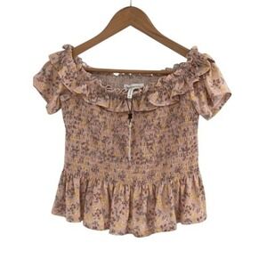 BCB Generation Top Women Medium Pink Ruffle‎ Cap Sleeve Off Shoulder Floral New